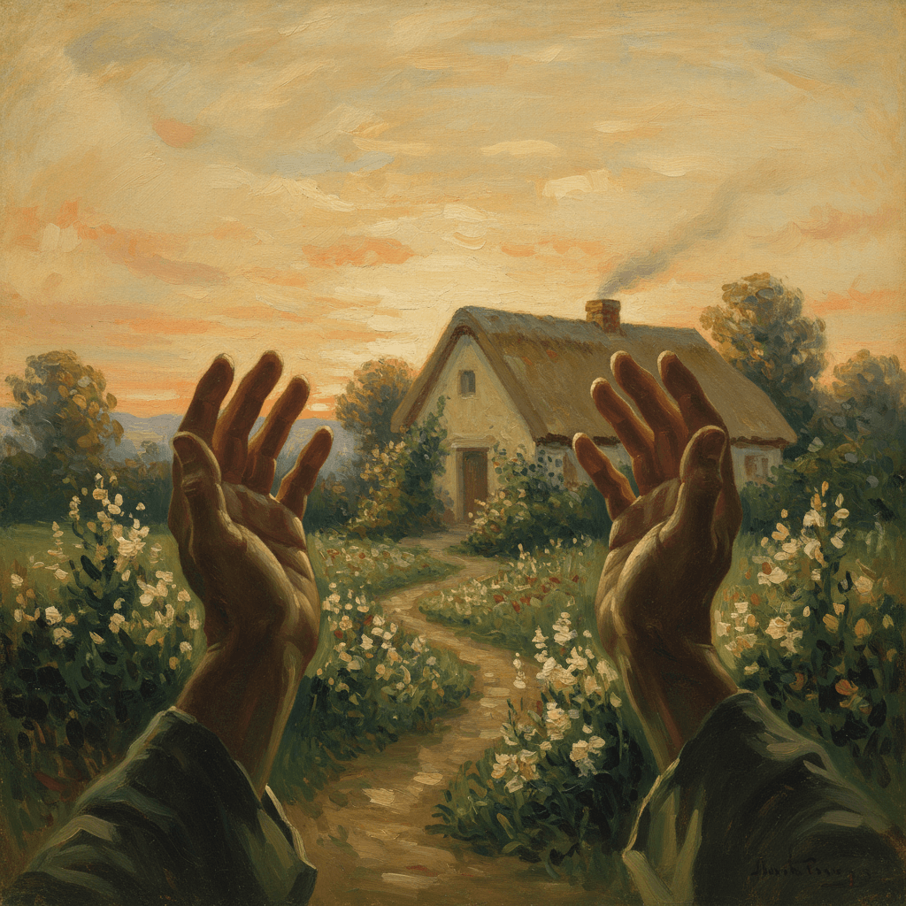Two hands raised in supplication at dawn, silhouetted against warm golden light, a home visible in the soft background, cream and green tones