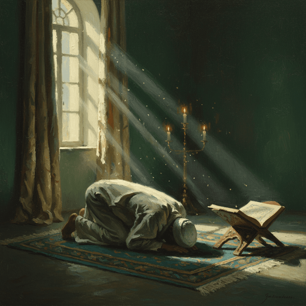 A single candle flame in darkness on a wooden surface, symbolizing the pure singular intention of ikhlas
